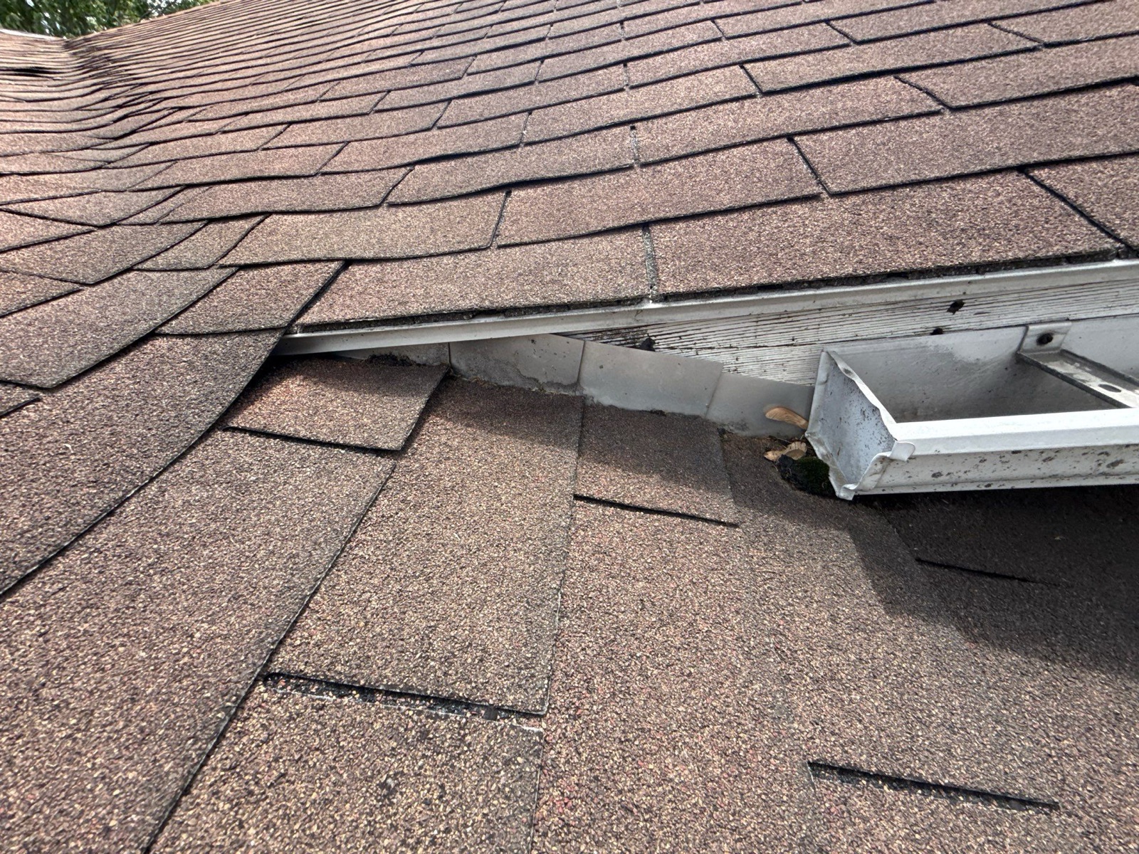 Worn shingle edges and pulling, failing gutters
